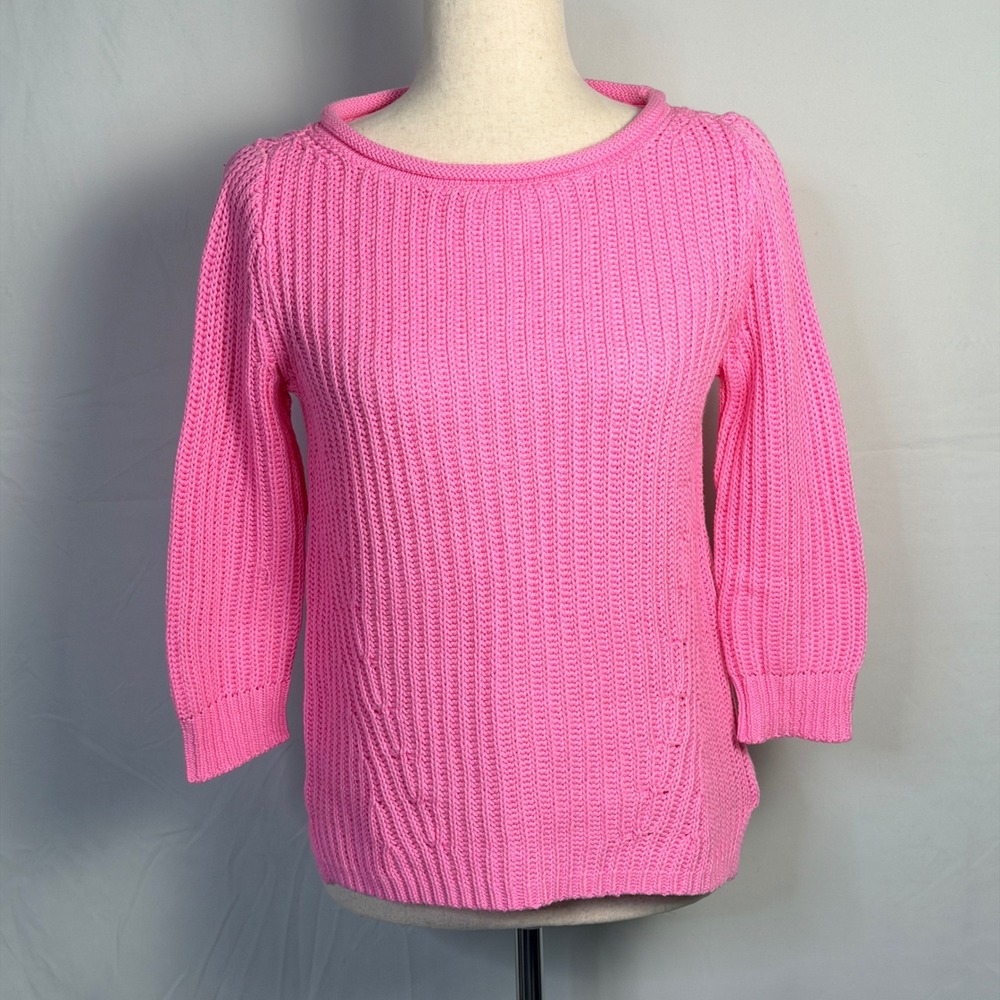 Lauren Ralph Lauren Hot Pink Ribbed Cotton Knit Sweater 3/4 Sleeve Small